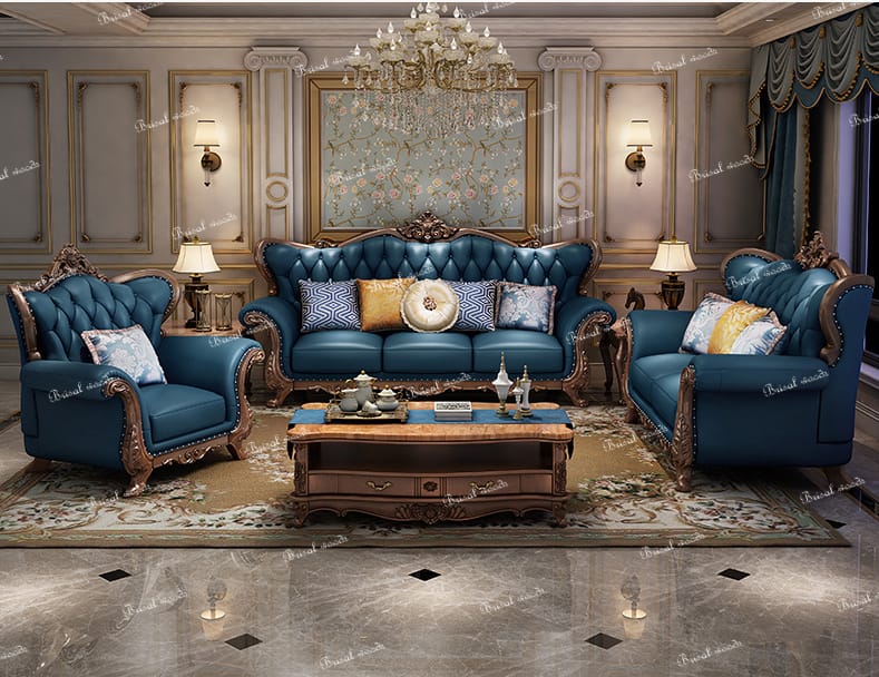 Romero European-style Solid Wood Carved Leather Sofa